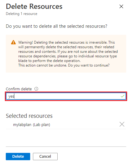 Screenshot che mostra la pagina di conferma dell'eliminazione del piano lab nel portale di Azure.