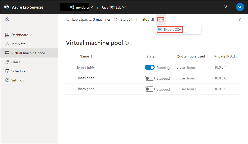 Screenshot della pagina del pool di macchine virtuali in Azure Lab Services. La voce di menu Esporta CSV è evidenziata.