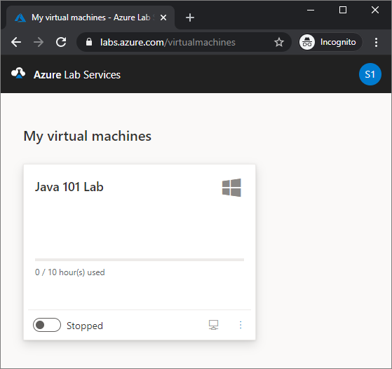 Ritaglio di schermata della pagina Macchine virtuali personali nel portale Azure Lab Services.