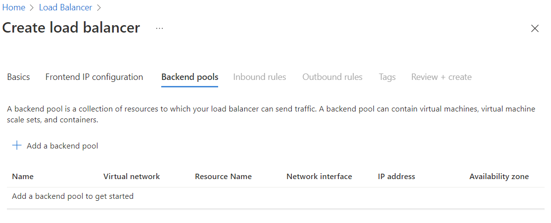 Screenshot della scheda Crea pool back-end.