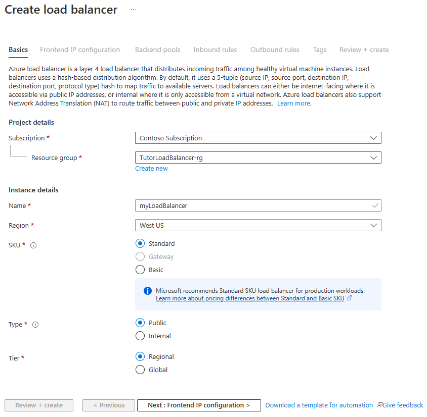 Screenshot della creazione della scheda Dati principali di Load Balancer Standard.