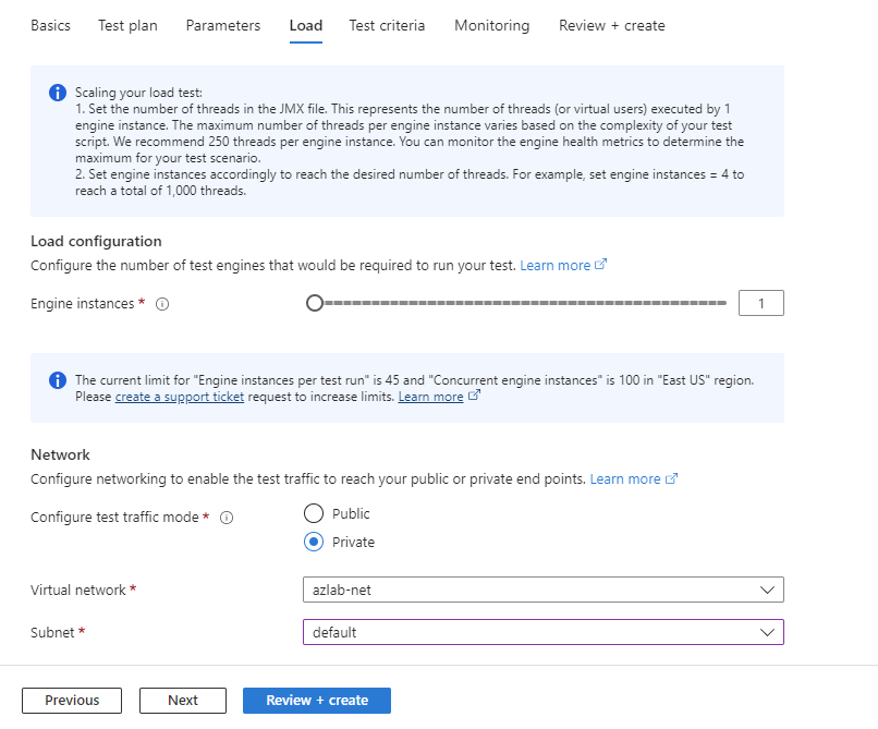 Screenshot che mostra come configurare il numero di istanze del motore di test durante la creazione di un test nel portale di Azure.