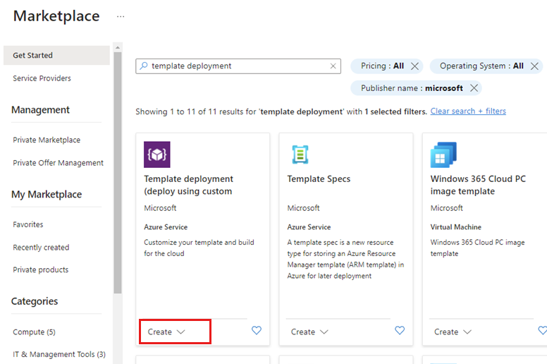 Screenshot che mostra l'opzione Di distribuzione modello in Azure Marketplace, evidenziando il pulsante Crea.