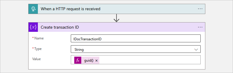 Screenshot che mostra il flusso di lavoro A consumo con l'azione denominata Crea ID transazione.