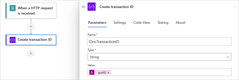 Screenshot che mostra il flusso di lavoro Standard con l'azione denominata Crea ID transazione.