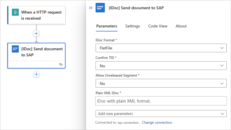 Screenshot che mostra un flusso di lavoro Standard con l'azione predefinita SAP denominata [IDoc] Invia documento a SAP.