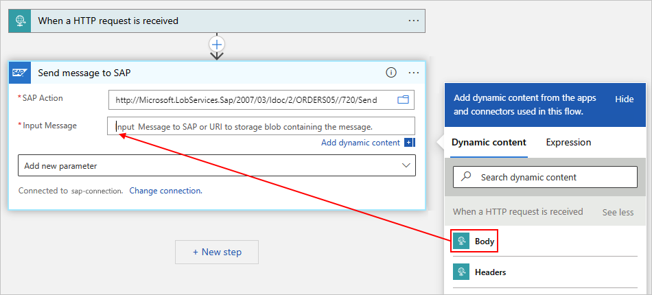 Screenshot che mostra la selezione dell'output del trigger di richiesta denominato Corpo per il flusso di lavoro A consumo.