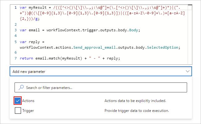 Screenshot che mostra l'azione Esegui codice JavaScript con il parametro Azioni selezionato.