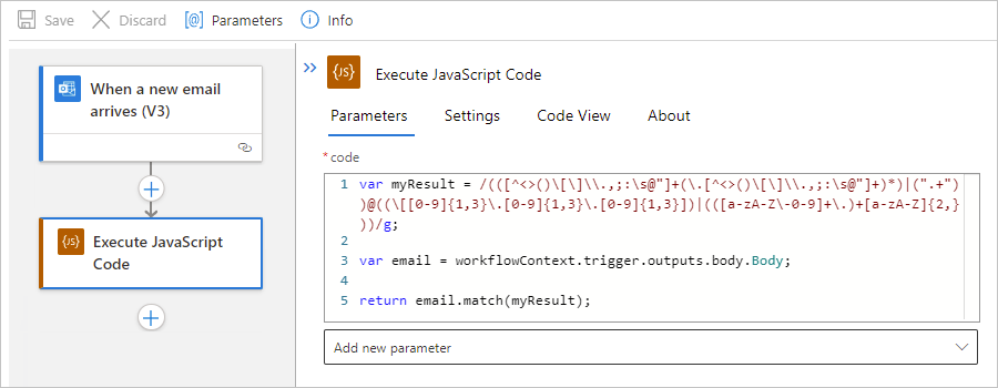 Screenshot che mostra il flusso di lavoro dell'app per la logica Standard e l'azione Esegui codice JavaScript con un'istruzione return.