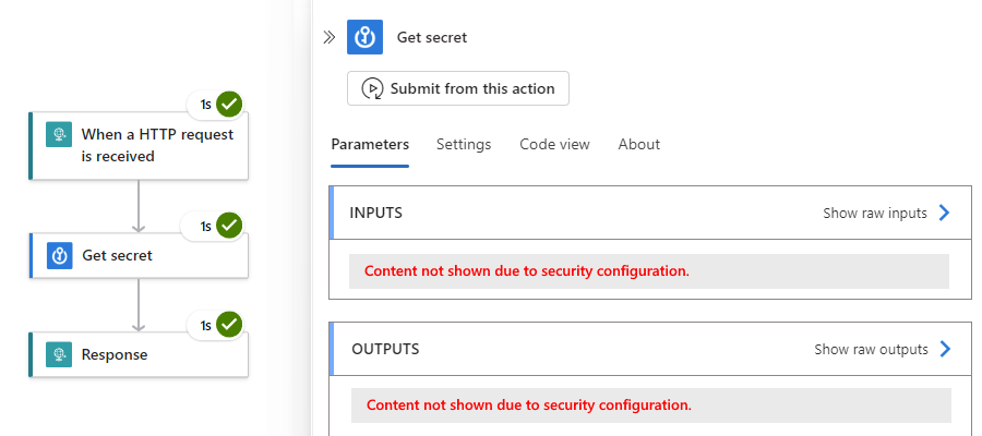 Screenshot che mostra input e output nascosti nella cronologia di esecuzione del flusso di lavoro dopo avere abilitato la funzionalità input e output sicuri.