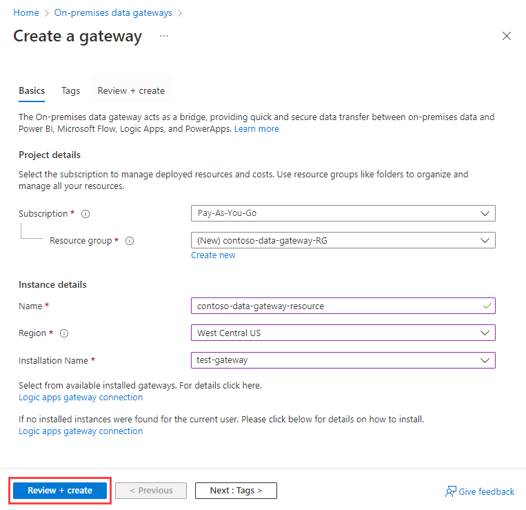 Screenshot shows the page for Create a gateway. The Name, Region, and other boxes contain values. The button, Review + create, appears selected.