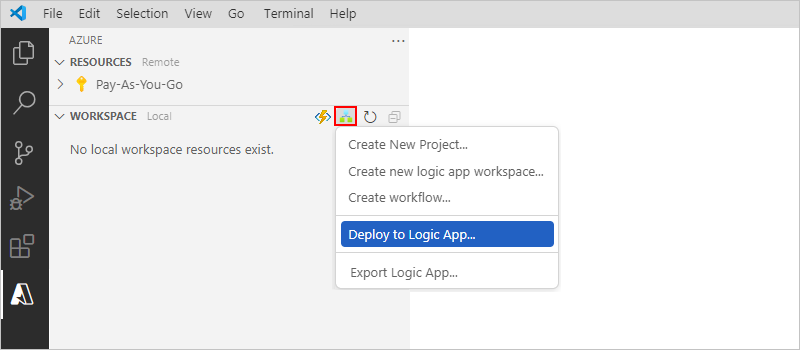 Screenshot che mostra la finestra di Azure con la barra degli strumenti dell'area di lavoro e il menu di scelta rapida di App per la logica di Azure con l'opzione Distribuisci nell'app per la logica selezionata.