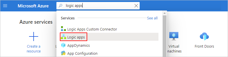 Screenshot che mostra la casella di ricerca del portale di Azure con le app per la logica come testo di ricerca.