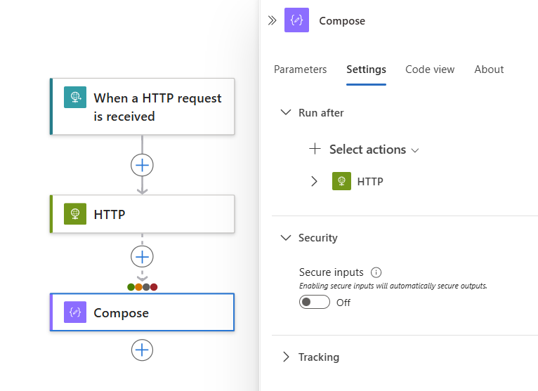 Screenshot che mostra la finestra di progettazione del flusso di lavoro e il riquadro dei dettagli dell'azione corrente con la scheda Impostazioni selezionata.