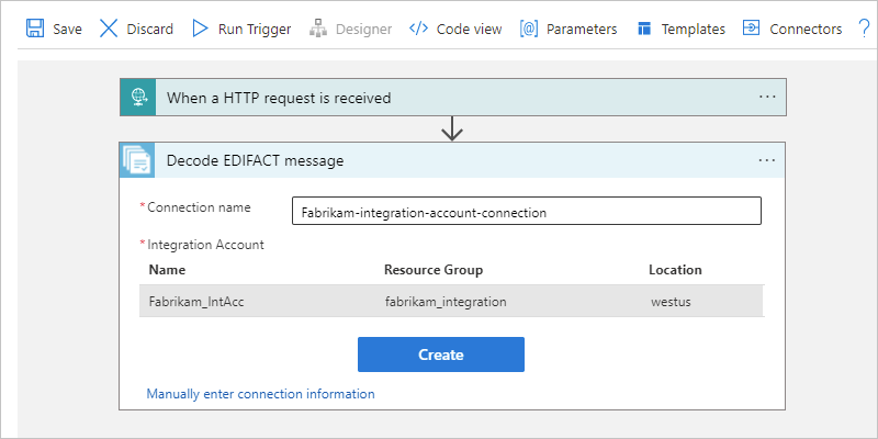 Screenshot che mostra la finestra di progettazione del flusso di lavoro A consumo e il riquadro di connessione per l'azione denominata Decodifica messaggio EDIFACT.