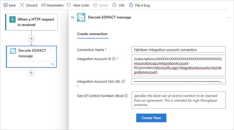 Screenshot che mostra il flusso di lavoro Standard e il riquadro di connessione per l'azione denominata DECODIFICA EDIFACT.