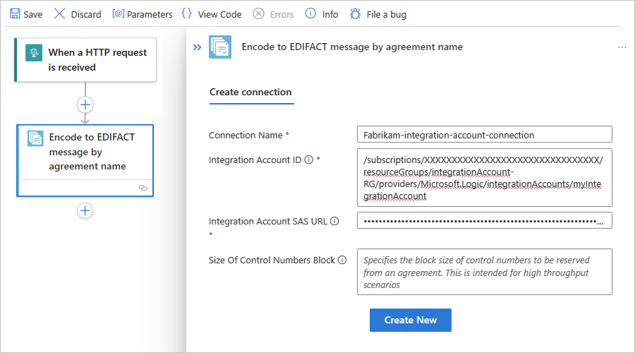 Screenshot che mostra il flusso di lavoro Standard e il riquadro di connessione per l'azione denominata Codifica messaggio EDIFACT in base al nome dell'accordo.