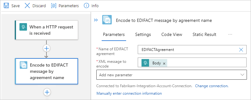 Screenshot che mostra il flusso di lavoro Standard, l'azione denominata Codifica messaggio EDIFACT in base al nome dell'accordo e le proprietà di codifica dei messaggi.