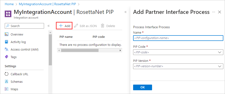 Screenshot della pagina RosettaNet PIP con l'opzione Aggiungi selezionata. Il riquadro Aggiungi processo interfaccia partner contiene caselle per il nome, il codice e la versione.