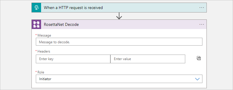 Screenshot dell'azione RosettaNet Decode in cui sono disponibili le caselle per il messaggio, le intestazioni e il ruolo.