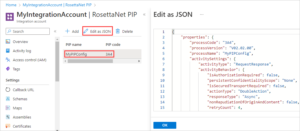 Screenshot della pagina RosettaNet PIP con Modifica come JSON e PIP selezionato. In Modifica come JSON sono visibili le proprietà PIP codificate.