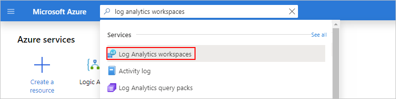 Screenshot che mostra la casella di ricerca del portale di Azure con le aree di lavoro log analytics selezionate.