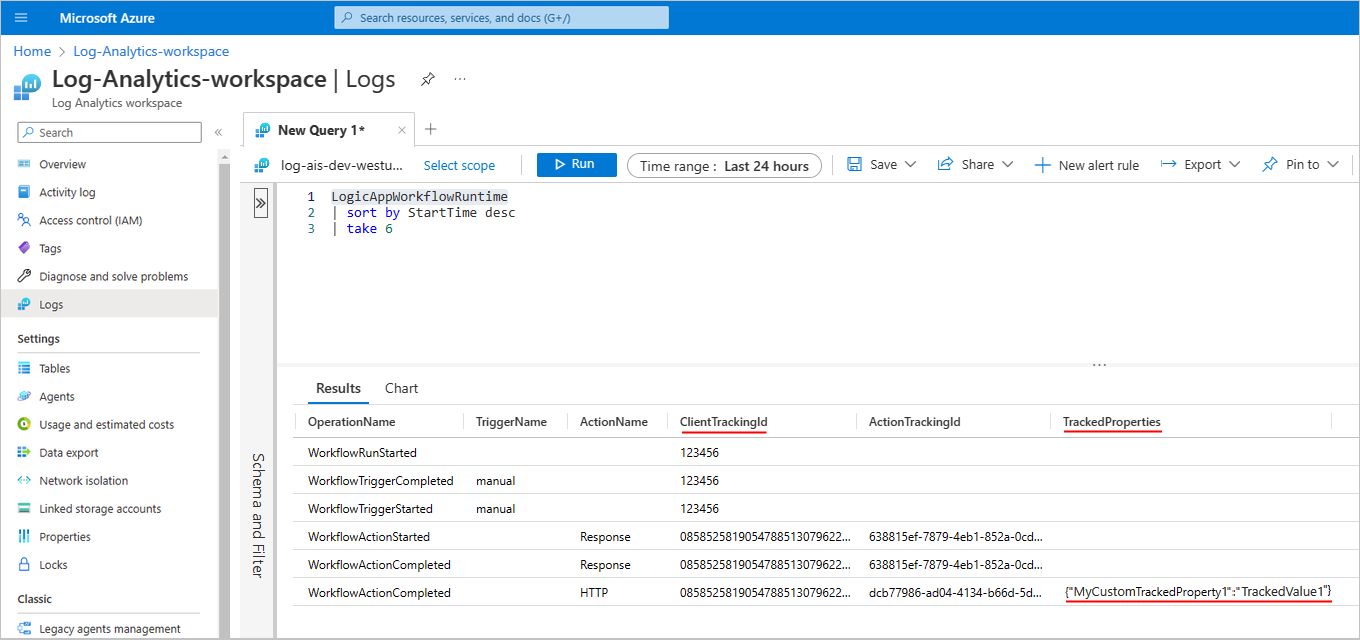 Screenshot che mostra il portale di Azure, l'area di lavoro Log Analytics e i dati di telemetria acquisiti per l'esecuzione del flusso di lavoro Standard con proprietà di rilevamento personalizzate.