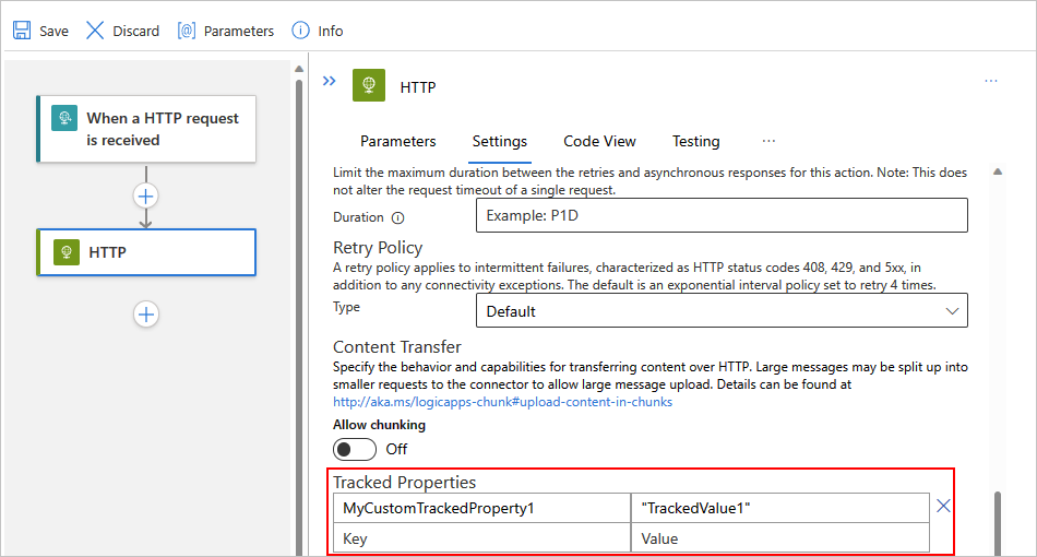 Screenshot che mostra il portale di Azure, la finestra di progettazione per il flusso di lavoro Standard e l'azione HTTP con le proprietà rilevate.