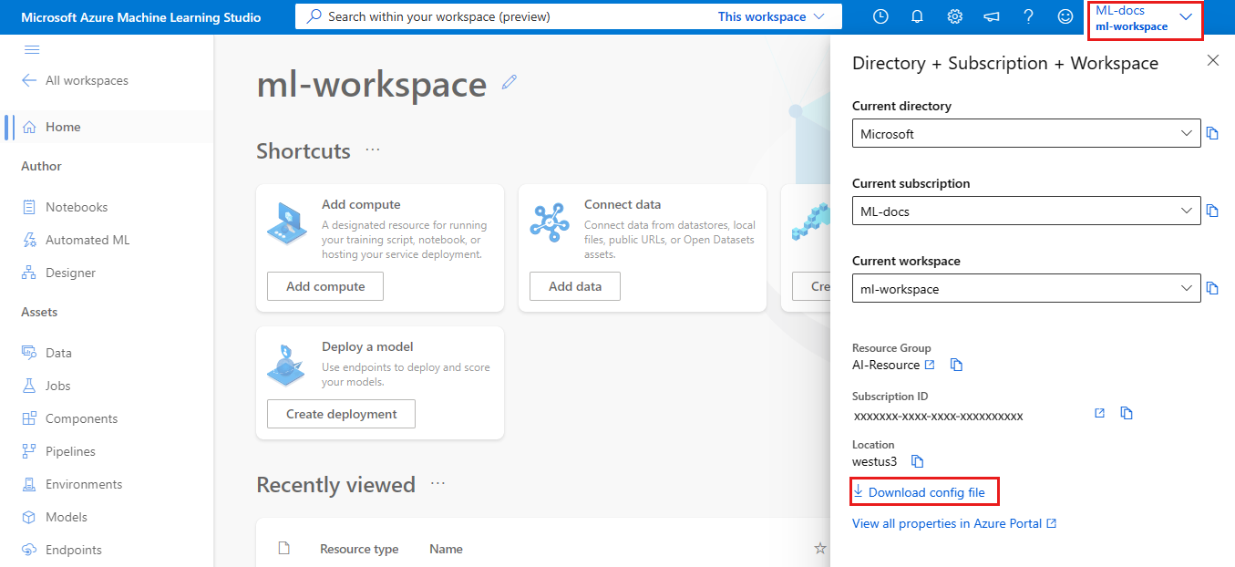 Screenshot della pagina di panoramica dell'area di lavoro con il download config.json selezionato.