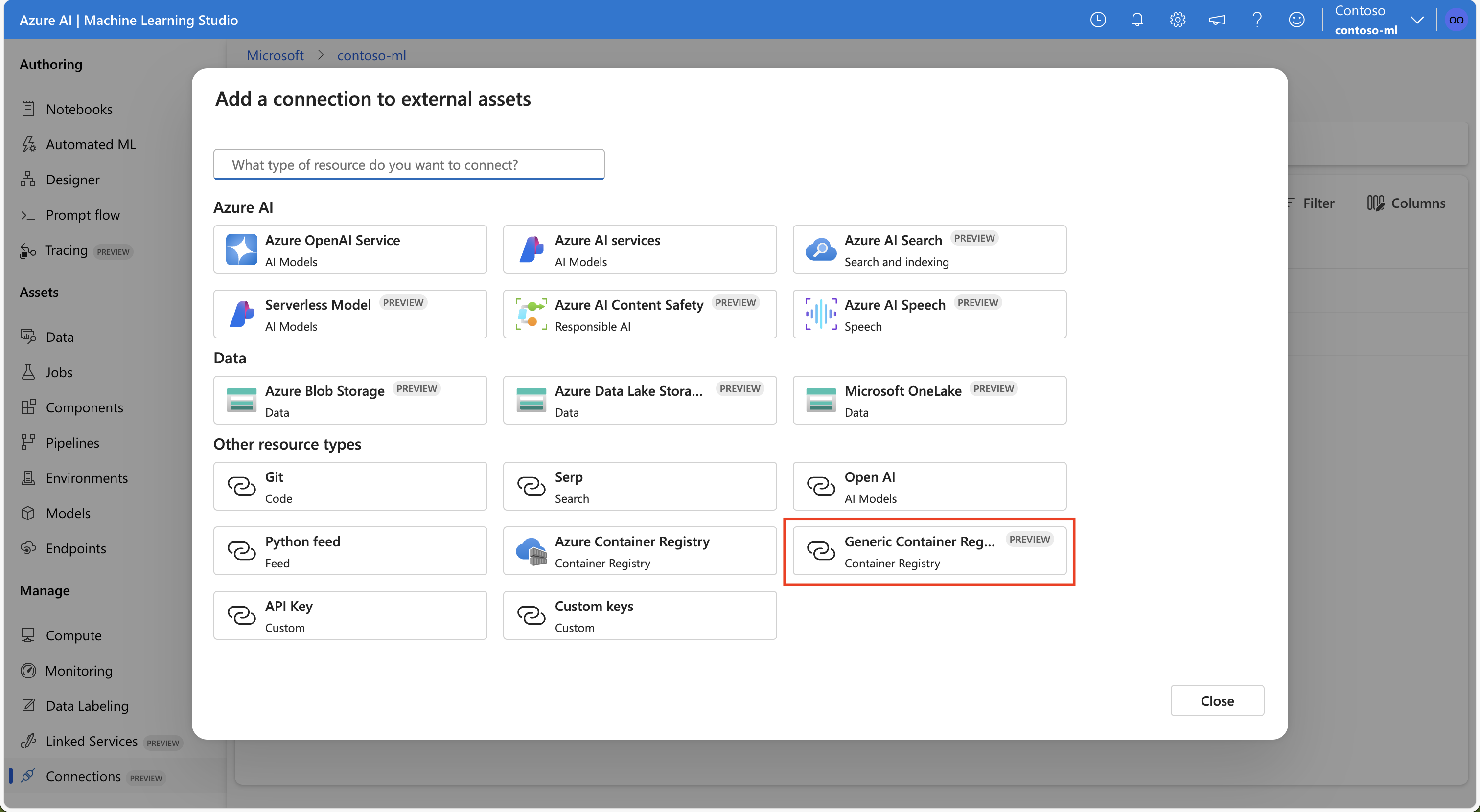 Screenshot che evidenzia l'opzione per connettersi a un registro contenitori generico nell'interfaccia utente dello studio di Azure Machine Learning.