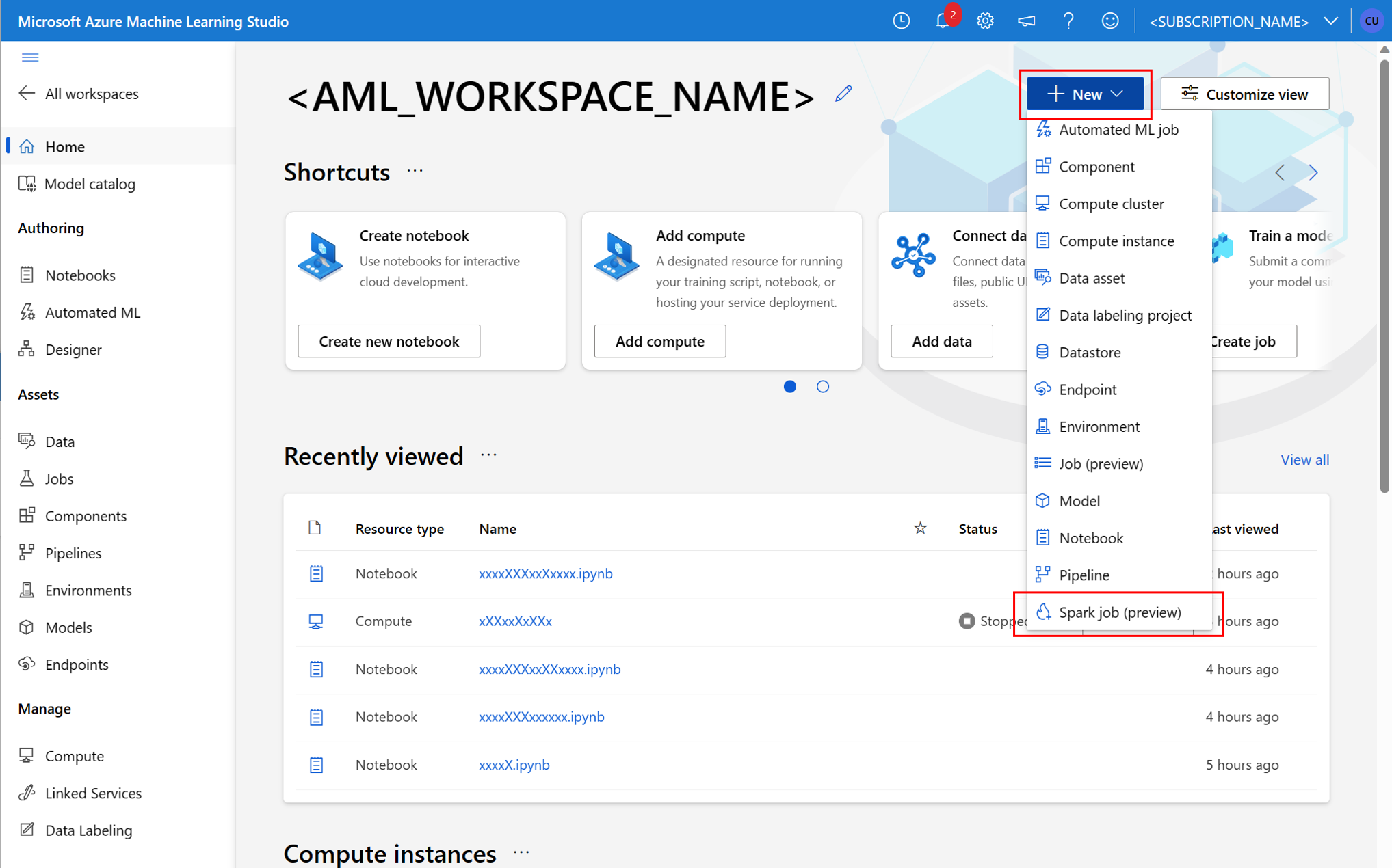 Screenshot che mostra la creazione di un nuovo processo Spark nell'interfaccia utente di studio di Azure Machine Learning.