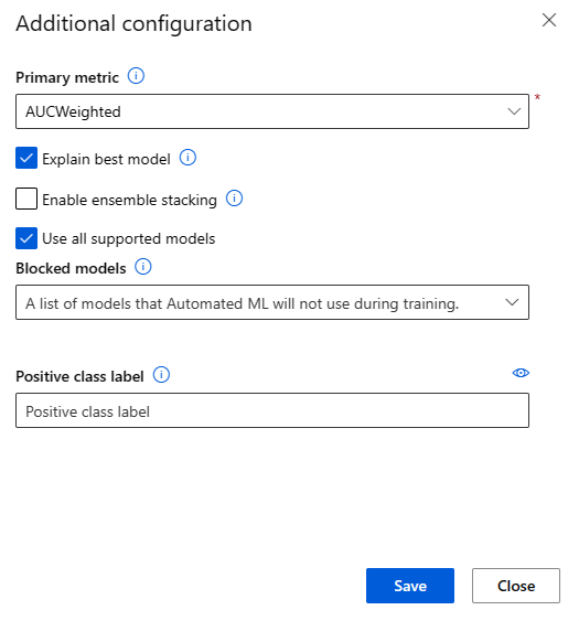 Screenshot che mostra la pagina di configurazione del processo di ML automatizzato con l'opzione Spiega modello migliore selezionata.