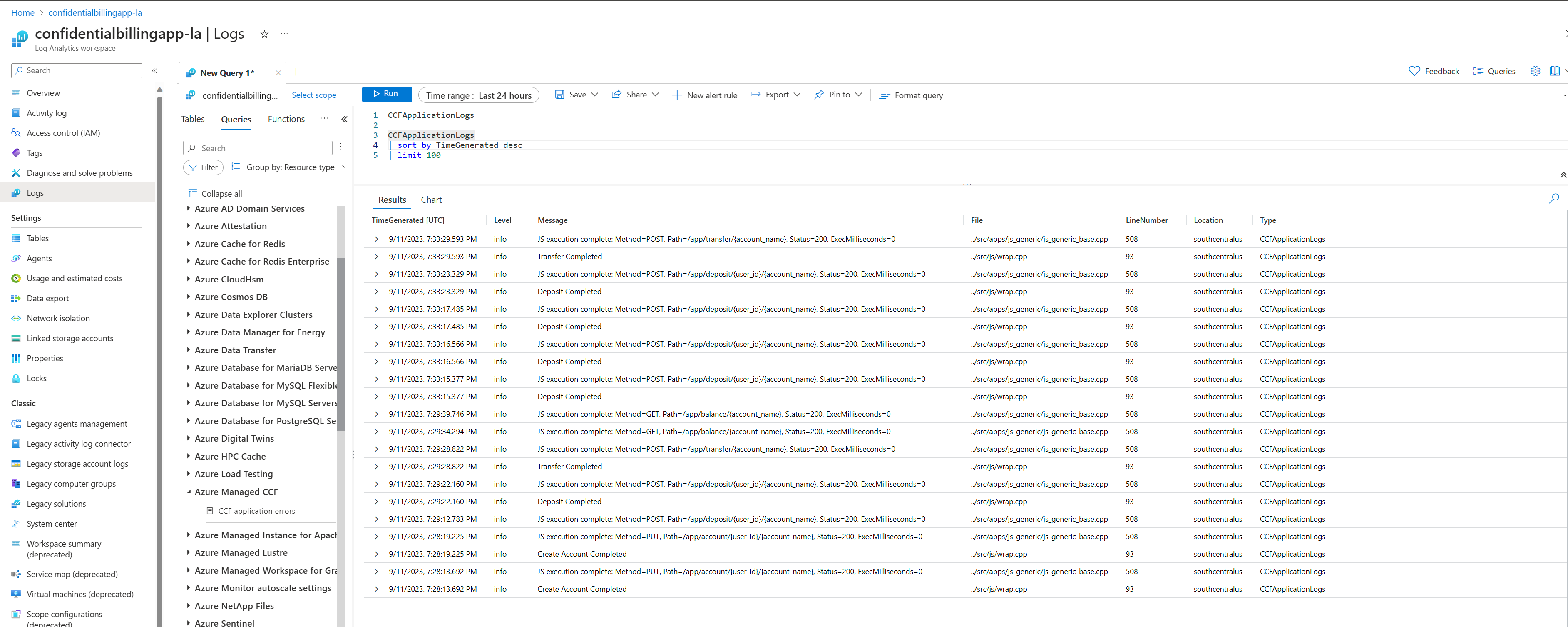 Screenshot che mostra la query della risorsa Managed CCF nella schermata Log Analytics.