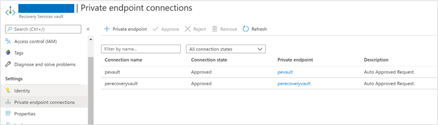 Screenshot della visualizzazione della connessione all'endpoint privato.