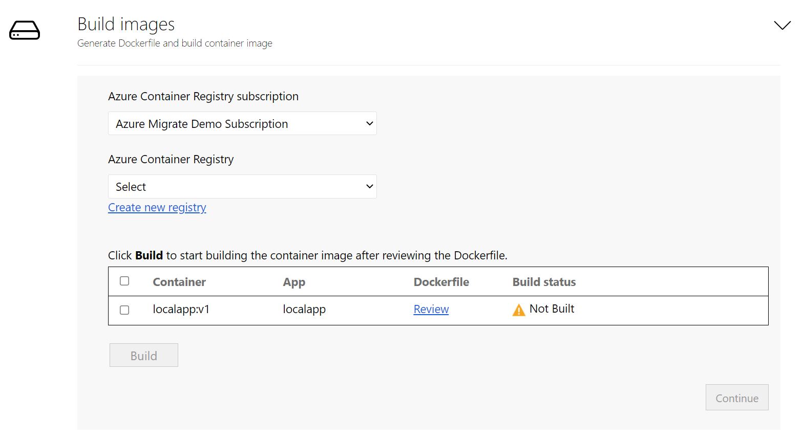 Screenshot per la selezione del Registro Azure Container dell'app.