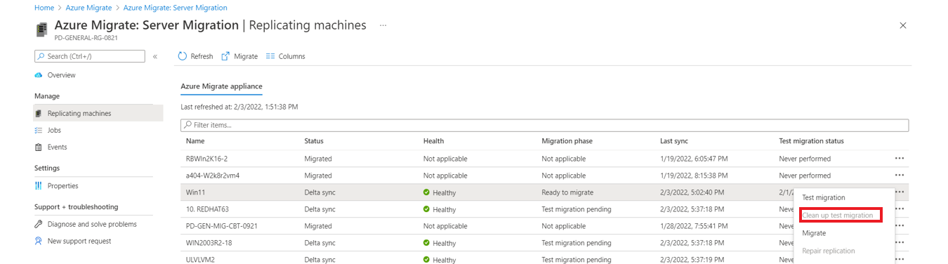 Screenshot che mostra l'opzione Pulisci migrazione di test.