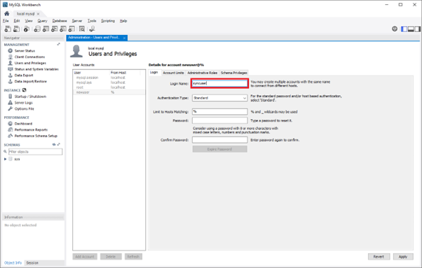 Screenshot dell'accesso in MySQL Workbench.