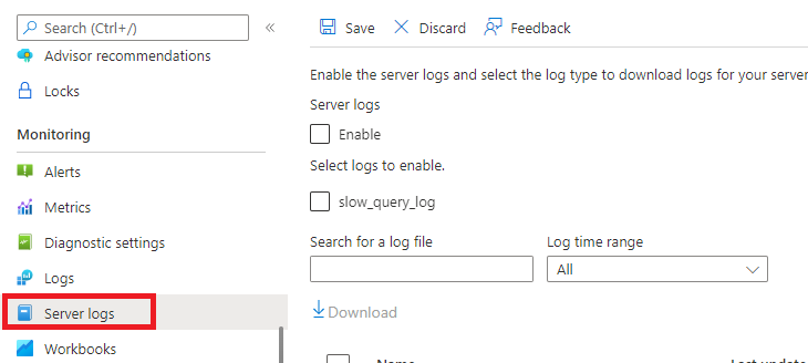 Screenshot che mostra Database di Azure per MySQL log del server flessibile.