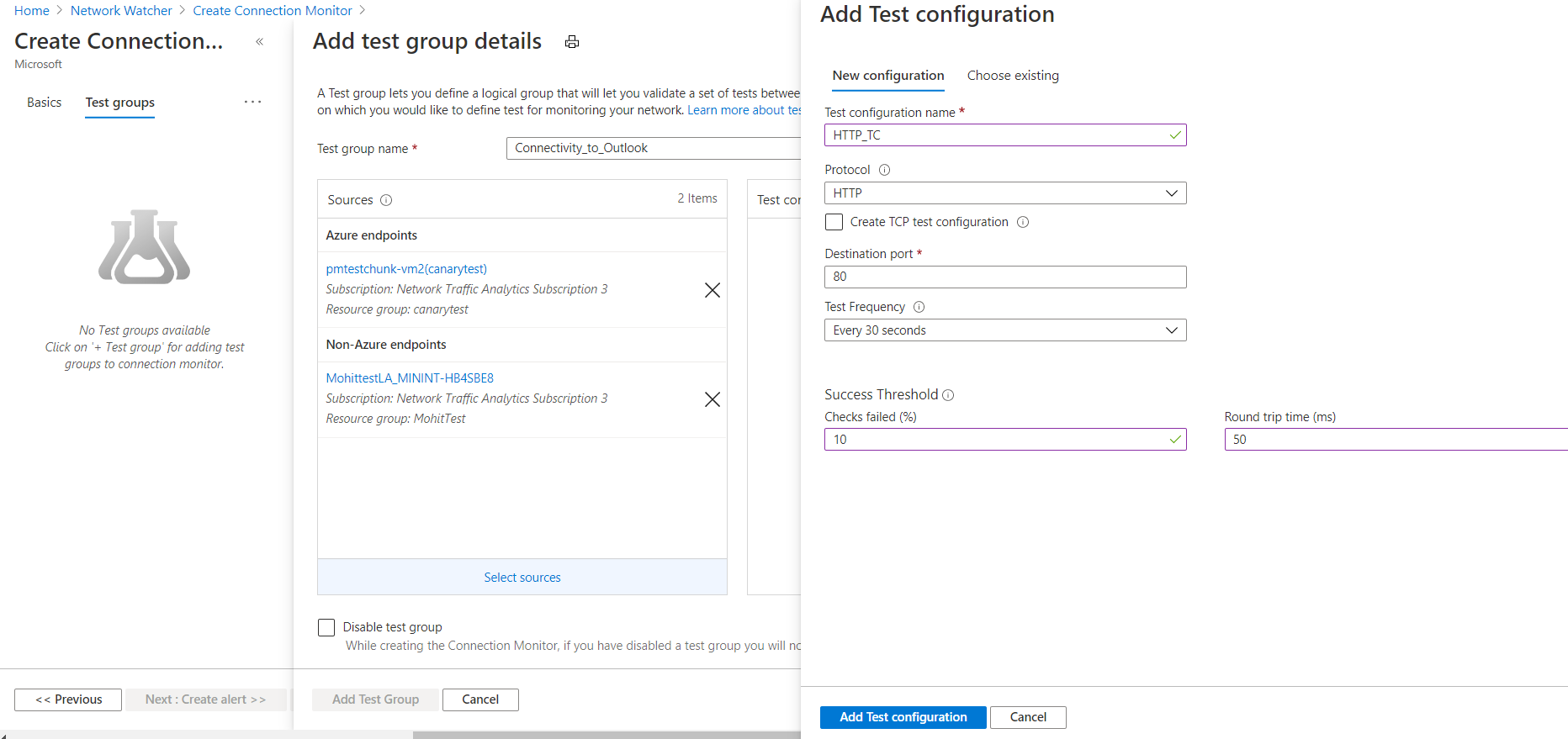 Screenshot che mostra dove configurare una configurazione di test in Monitoraggio connessione.