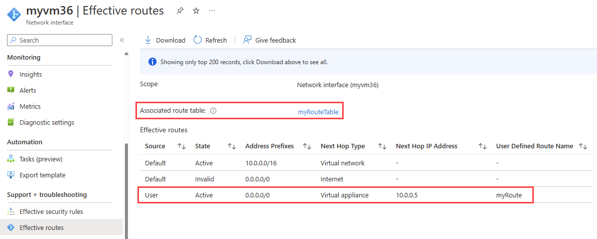 Screenshot delle route valide dopo l'override delle route di sistema predefinite di Azure usando una route personalizzata.