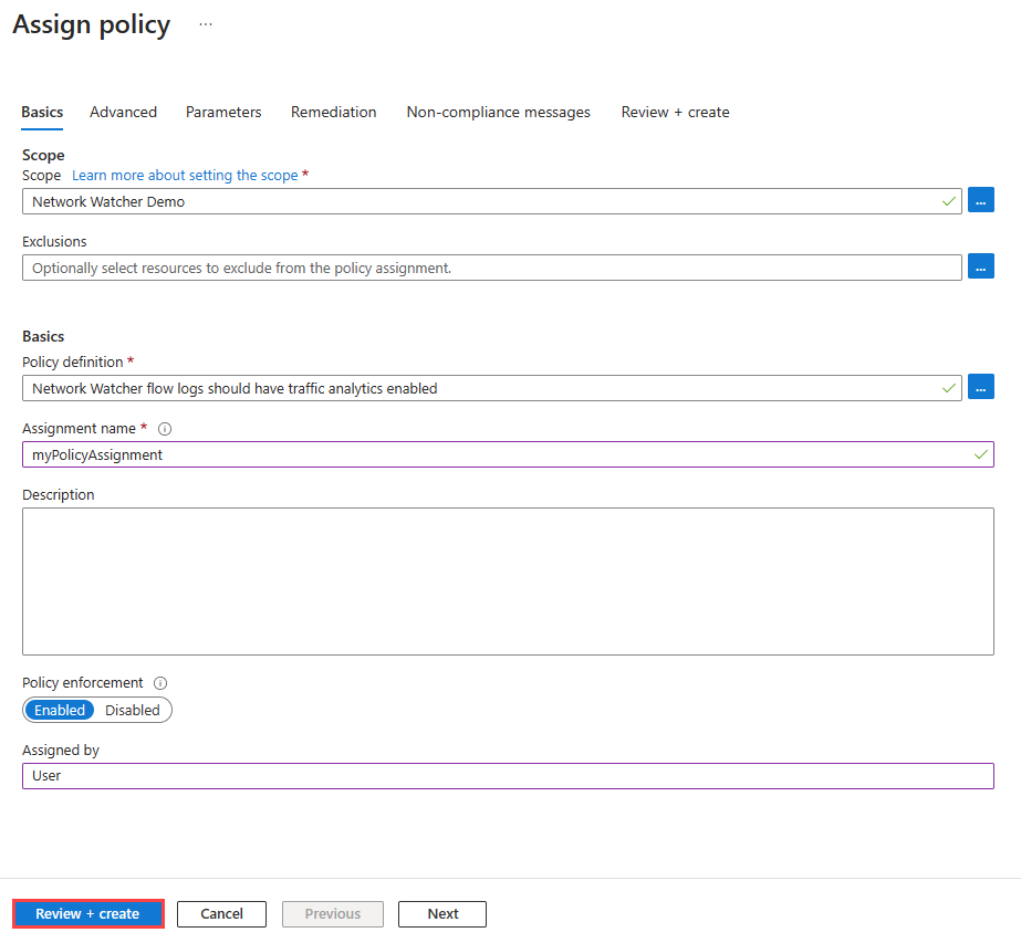 Screenshot della scheda Informazioni di base per assegnare un criterio di controllo nel portale di Azure.