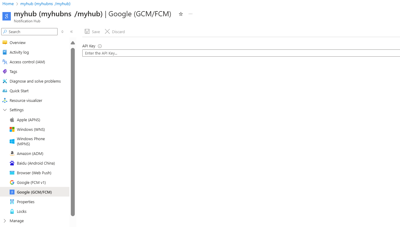 Screenshot che mostra come configurare Hub di notifica per Google FCM.