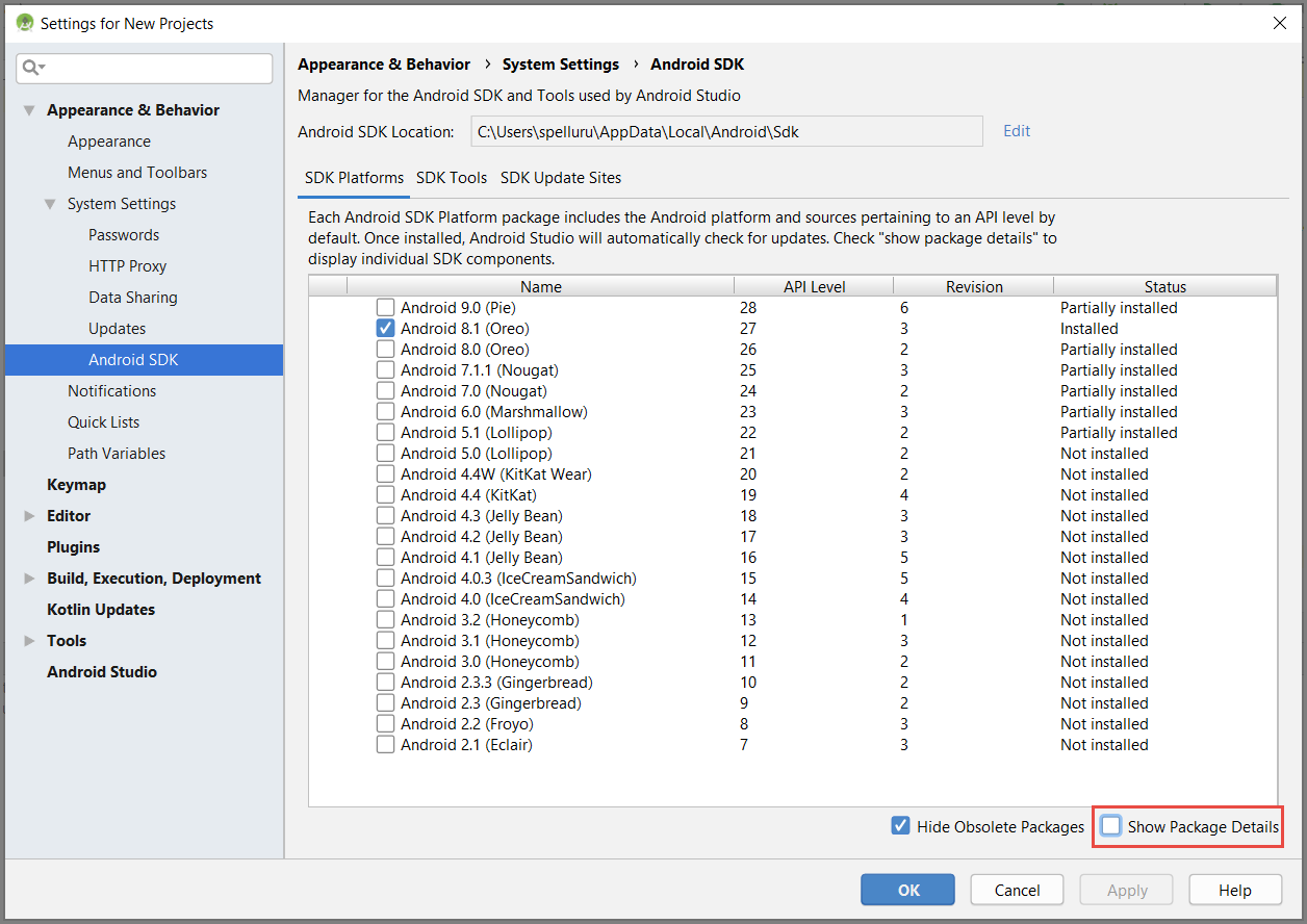 Android SDK Manager: selezionare la versione di destinazione