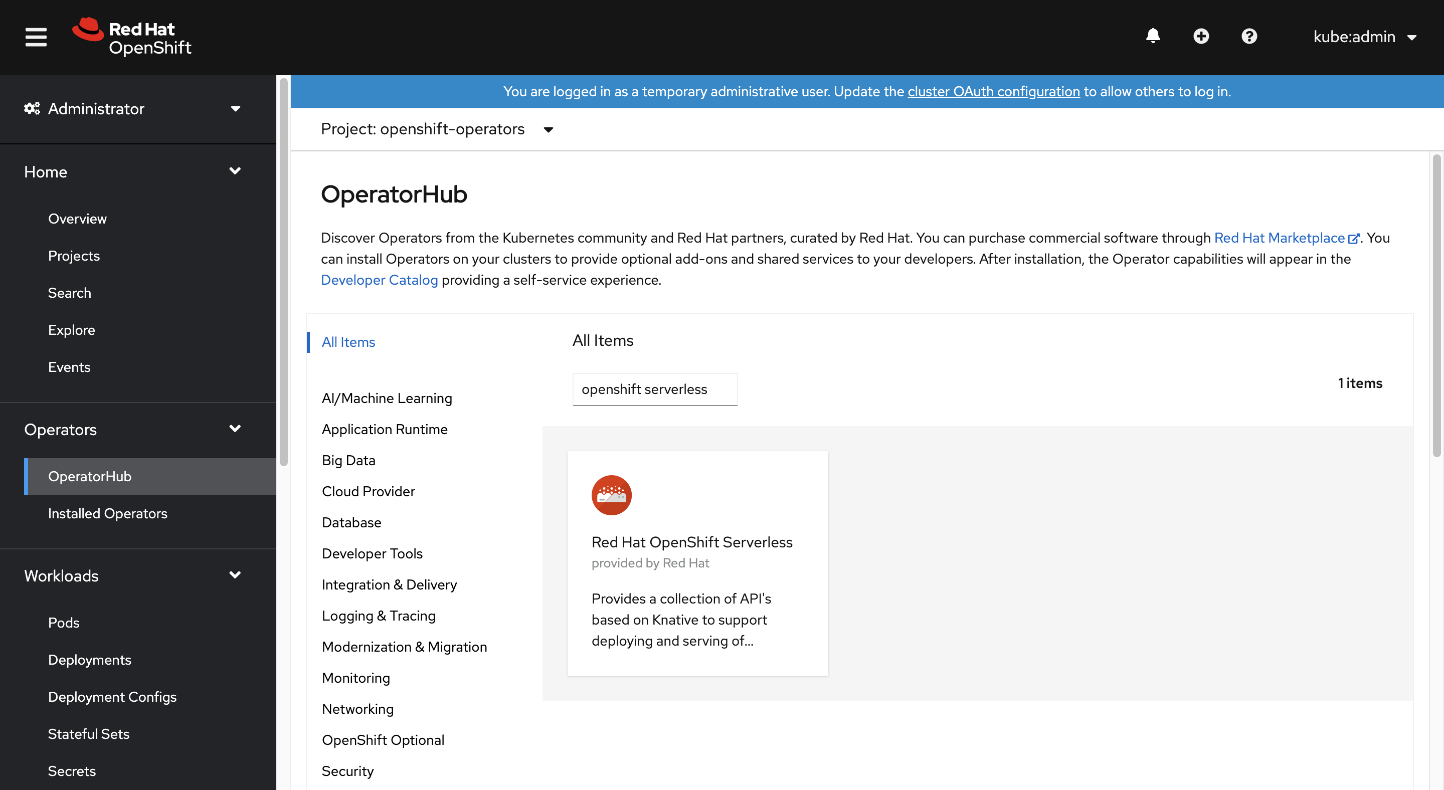 Screenshot che mostra la posizione dell'operatore OpenShift Serverless.