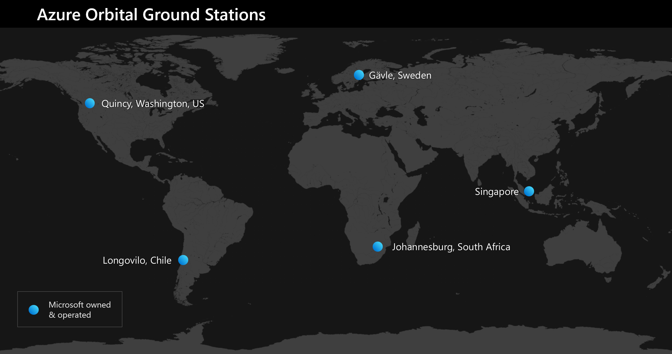 Il diagramma mostra una mappa globale con i cinque siti di Azure Orbital Ground Station etichettati.