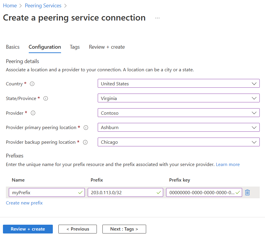 Screenshot che mostra la scheda Configurazione della creazione di una connessione al servizio di peering nella portale di Azure.