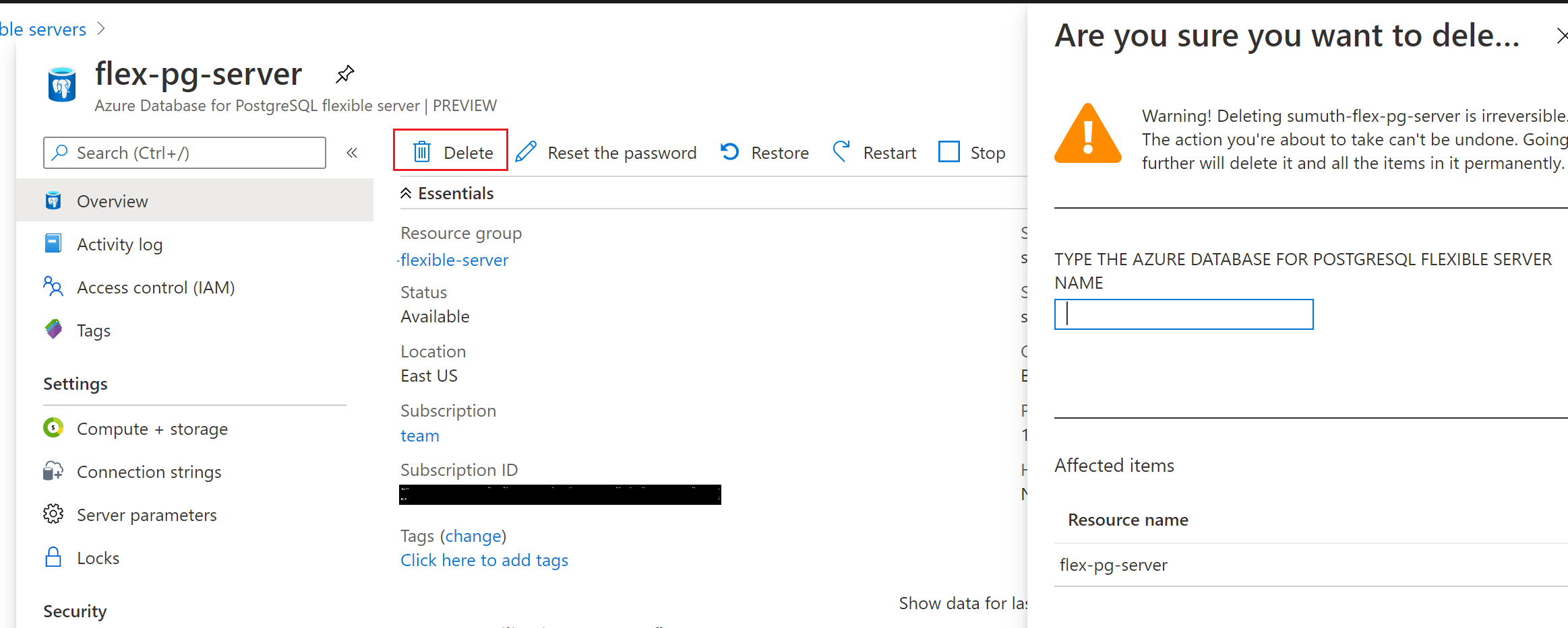 Eliminare l'istanza del server flessibile Database di Azure per PostgreSQL.