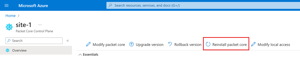 Screenshot del portale di Azure che mostra l'opzione Reinstall Packet Core (Reinstall Packet Core).