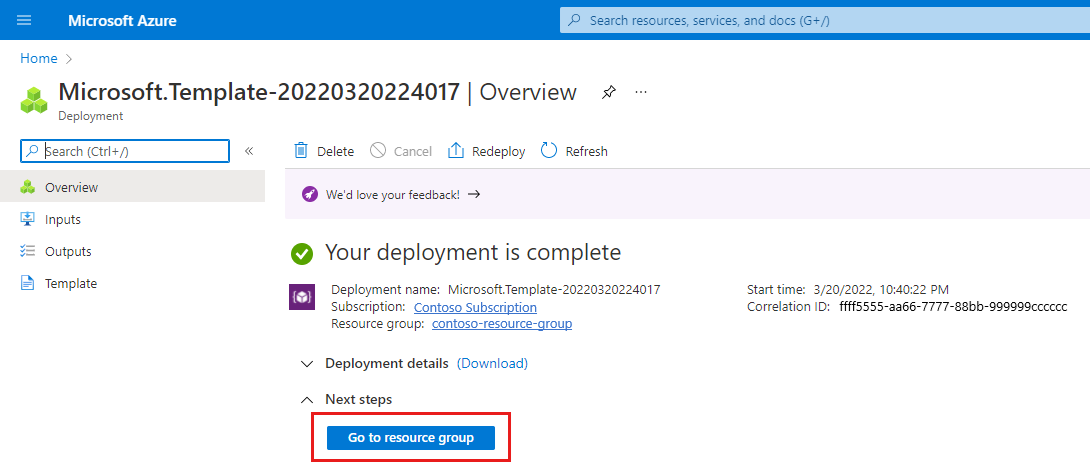 Screenshot del portale di Azure che mostra una conferma della distribuzione per il modello di ARM.