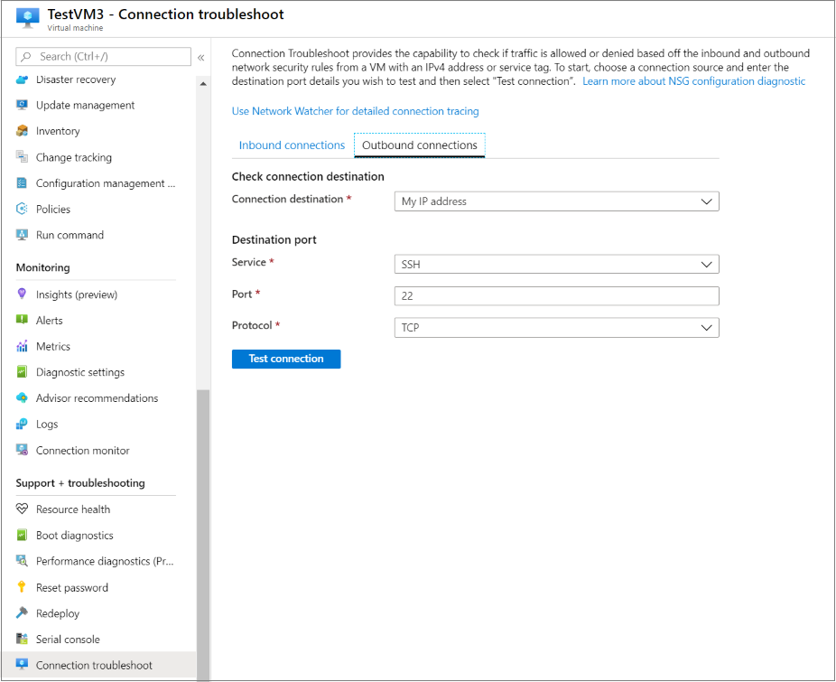 Screenshot di Network Watcher - Test delle connessioni in uscita.